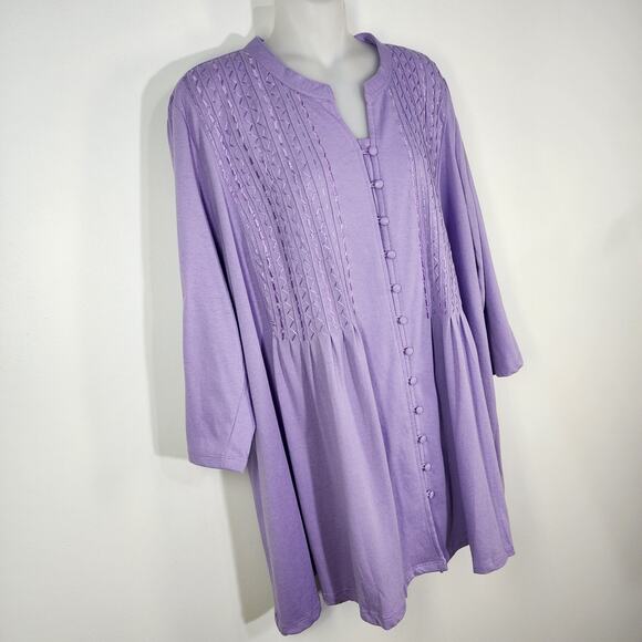 Woman Within Tunic Top Size 1X 22/24 Lavender 3/4 Sleeve Button Up Embroidered - Picture 5 of 10